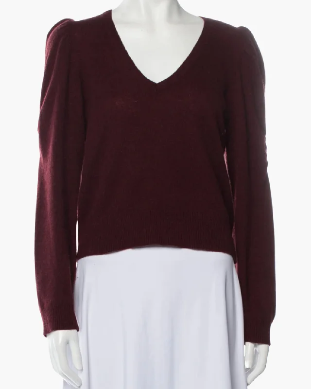 CASHMERE V NECK GATHER SWEATER IN DEEP BURGUNDY