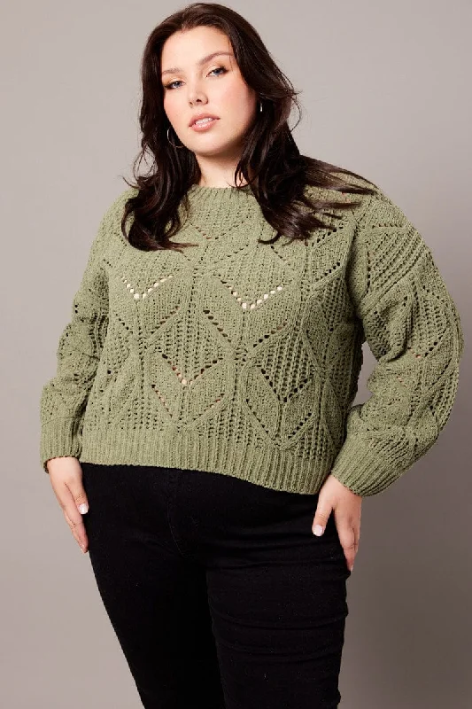 Green Knit Jumper Long Sleeve Crew Neck Chenille