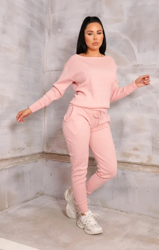 Pink Off The Shoulder Jumper & Drawstring High Waisted Joggers Knitted Loungewear Set - Christina