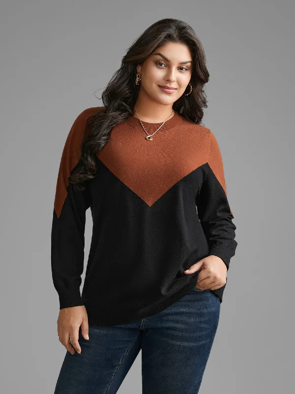 Round Neck Contrast Patchwork Pullover