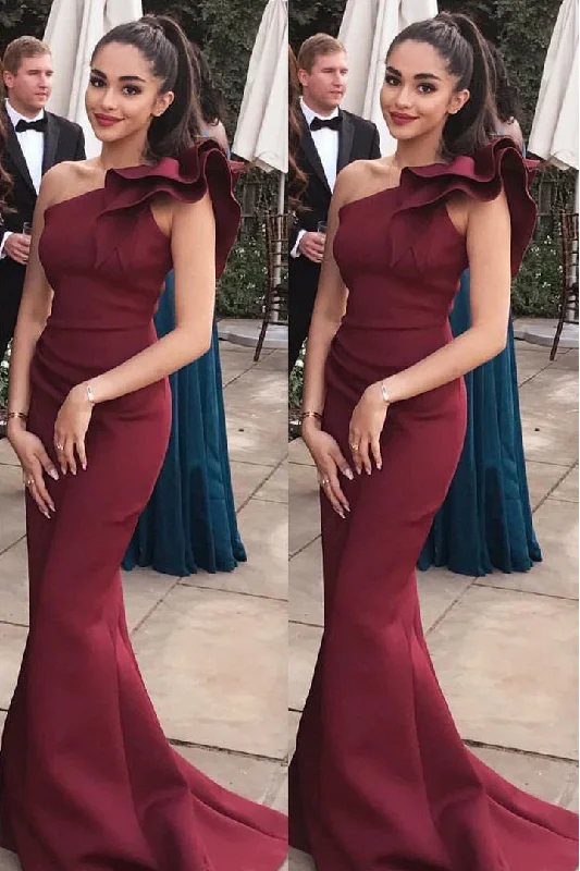 Refresh your wardrobe with high-quality women’s fashion   Elegant Satin Burgundy Mermaid Prom Dresses with One-shoulder