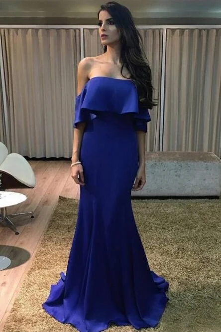 Comfortable yet stylish outfits for women on the go   Flounce Off-the-shoulder Mermaid Sapphire Prom Gowns