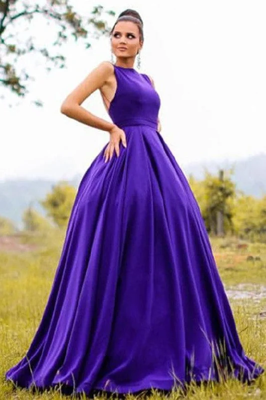 Casual yet chic women’s outfits for work or play   Sleeveless Satin Backless Purple Prom Gowns Online