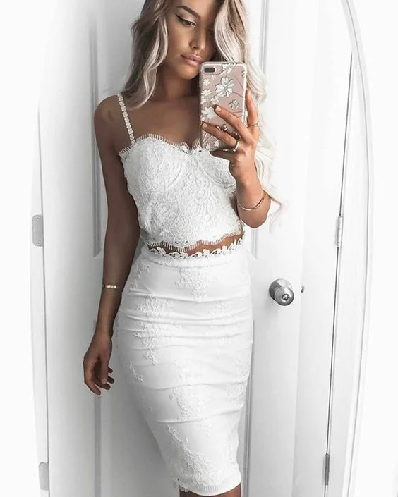 Stylish and comfortable outfits for women   Two Piece Square Lace Bodice Knee Length White Graduation Dress Prom Dress, Formal Gown    cg18241